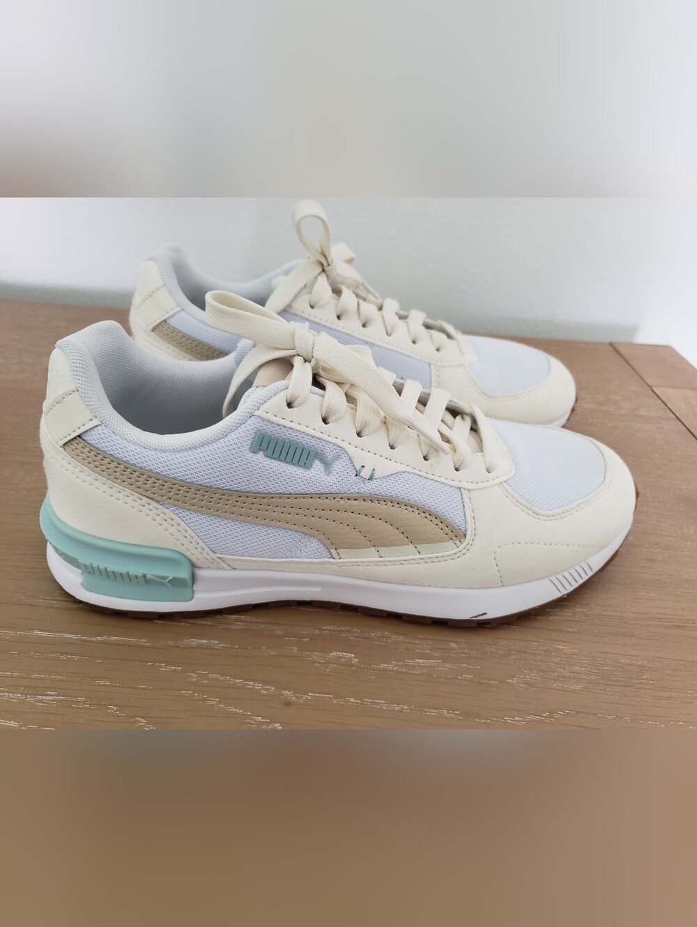 Women's Puma Cream White Sneakers with Tan Formstrip and Aqua Heel - Picture 6 of 9